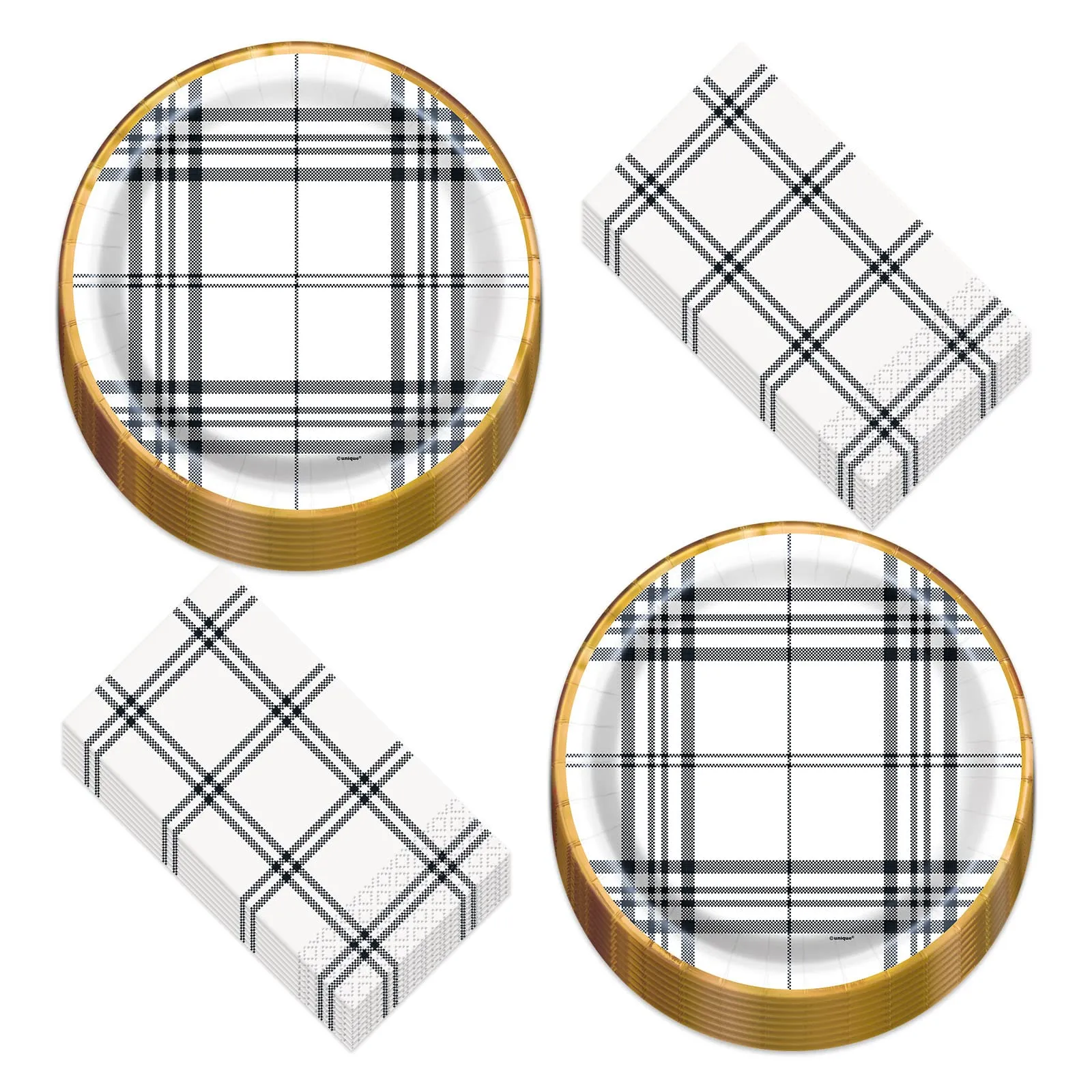 Modern Black & White Fall Plaid With Copper Trim Paper Dinner Plates and Guest Napkins (Serves 16)