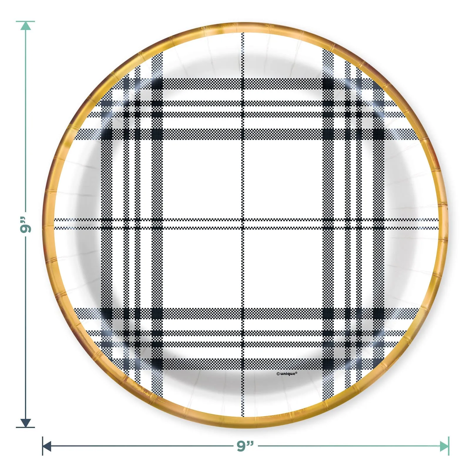 Modern Black & White Fall Plaid With Copper Trim Paper Dinner Plates and Guest Napkins (Serves 16)