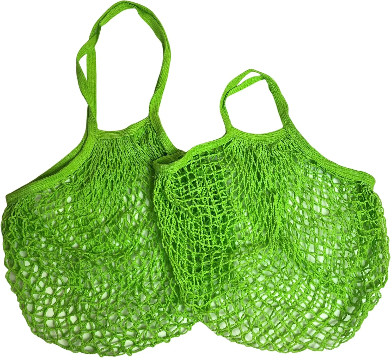 Modo Reusable (2 Pack) String Cotton Net Shopping Bags 1 Short & 1 Long Handle Bag Multipurpose Toys Storage (Neon Green)