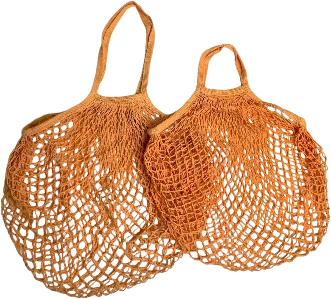 Modo Reusable (2 Pack) String Cotton Net Shopping Bags 1 Short & 1 Long Handle Bag Multipurpose Toys Storage (Pale Orange)
