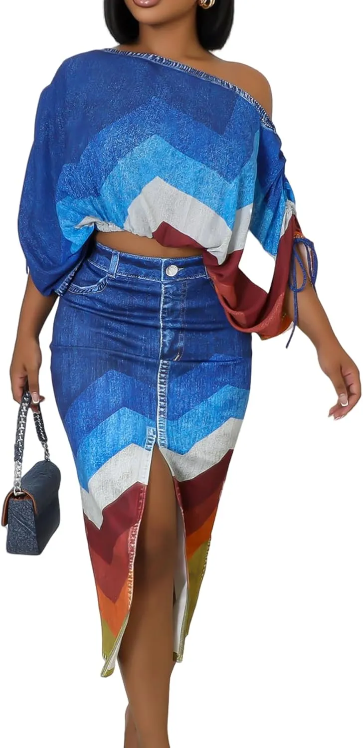 Molisry Women's 2 Piece Skirt Sets Printed Casual One Shoulder Bating Sleeve Crop Top High Waisted Front Slit Midi Skirt Fall