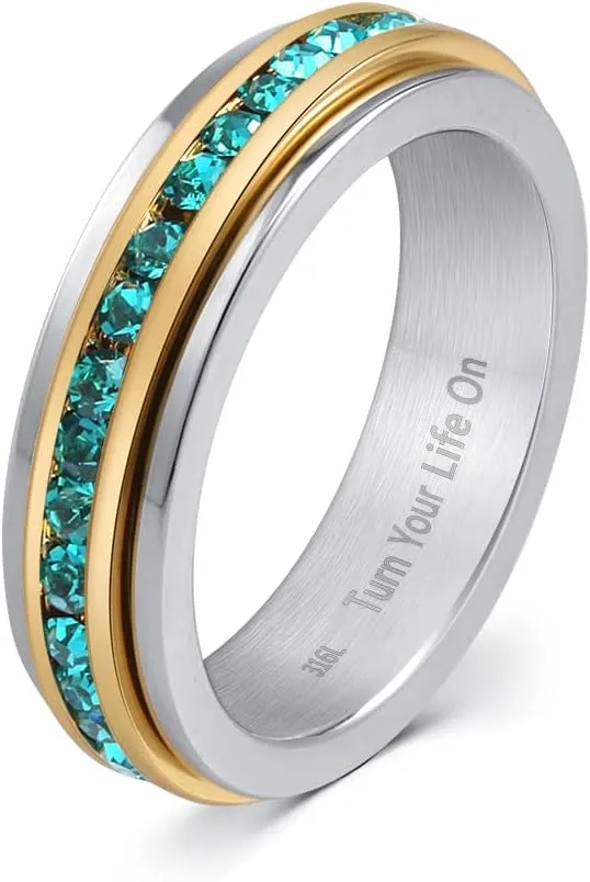 Muses Art Design Fidget Rings, Anxiety Rings, Spinner Rings, Band Rings with Birthstone, Stainless Steel, Women and Men, Meditation Rings, Thumb Rings, Stress Relieving and Anxiety Reducing