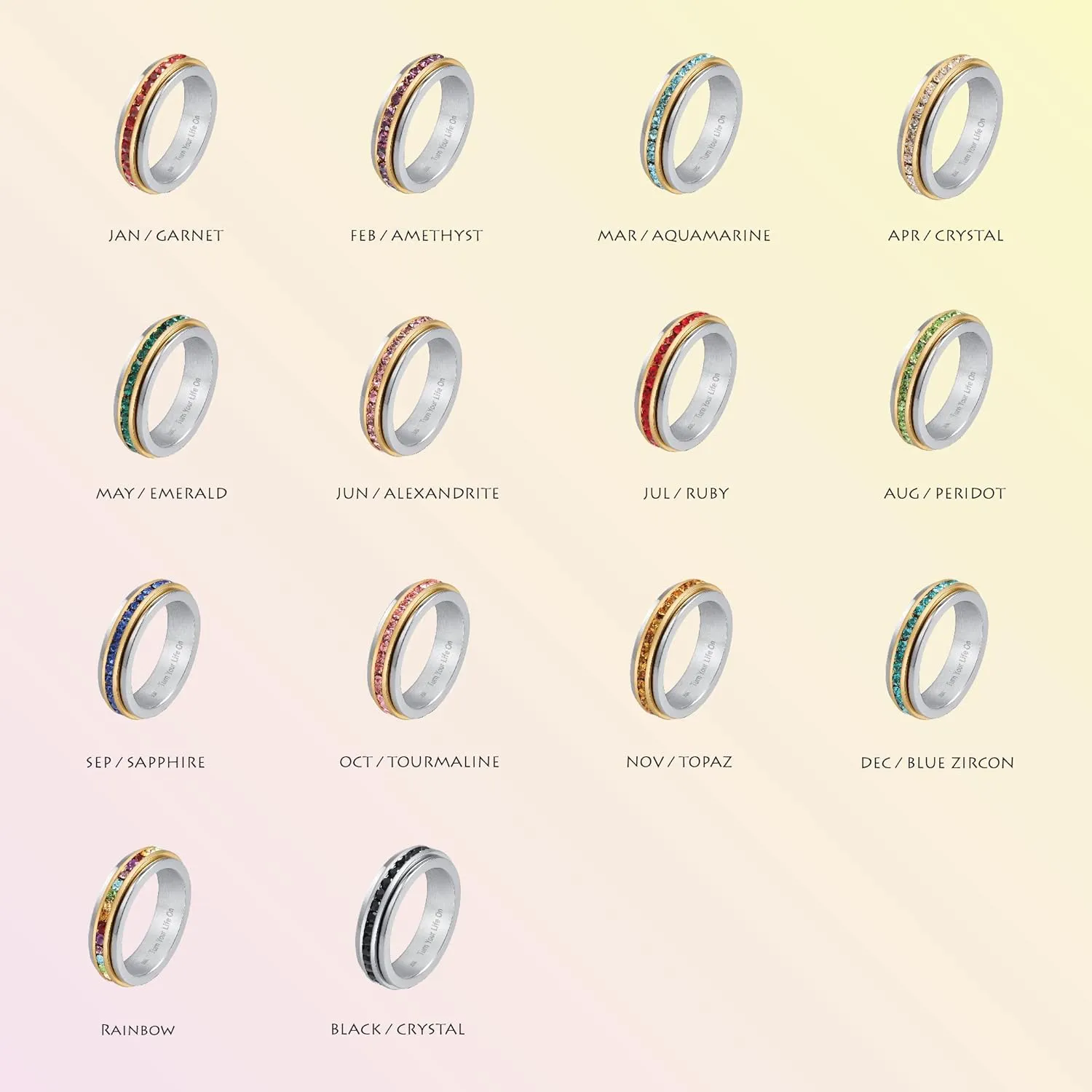 Muses Art Design Fidget Rings, Anxiety Rings, Spinner Rings, Band Rings with Birthstone, Stainless Steel, Women and Men, Meditation Rings, Thumb Rings, Stress Relieving and Anxiety Reducing