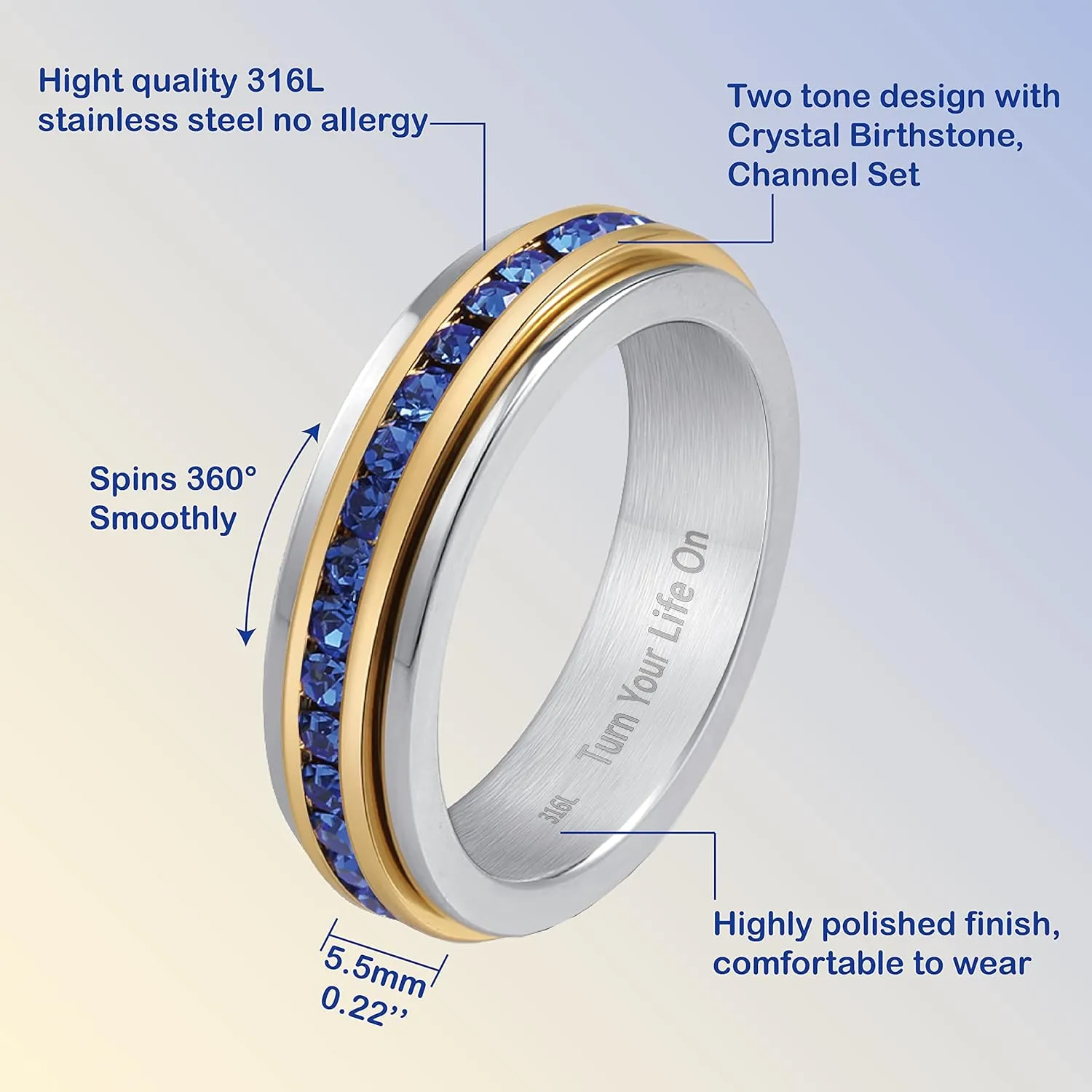 Muses Art Design Fidget Rings, Anxiety Rings, Spinner Rings, Band Rings with Birthstone, Stainless Steel, Women and Men, Meditation Rings, Thumb Rings, Stress Relieving and Anxiety Reducing