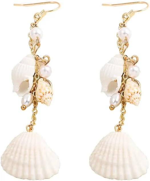 Natural Seashell Sea Conch Drop Earrings White Shell Faux Pearl Long Tassel Dangle Earrings Beach Holiday Earrings for Women Girls