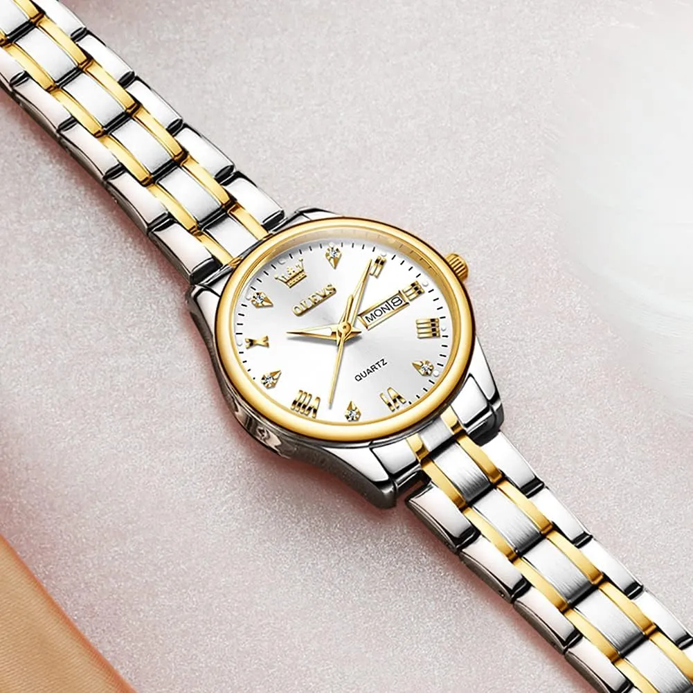 OLEVS Gold Watches for Women Classic Stainless Steel Waterproof Womens Wrist Watch Small Face Ladies Watches with Day Date Analog Quartz Dress Women's Watch Casual Gold Silver Black Dial Female Watch