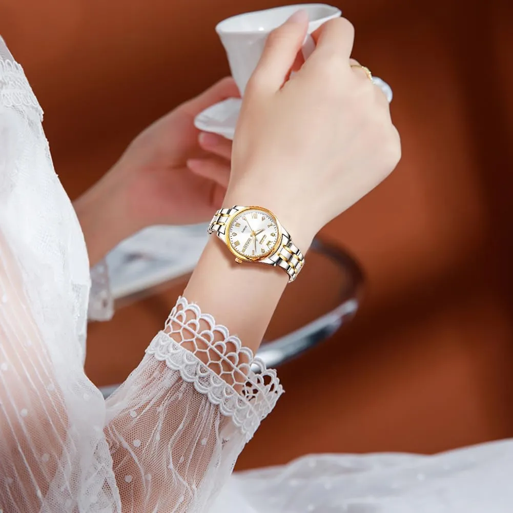 OLEVS Gold Watches for Women Classic Stainless Steel Waterproof Womens Wrist Watch Small Face Ladies Watches with Day Date Analog Quartz Dress Women's Watch Casual Gold Silver Black Dial Female Watch
