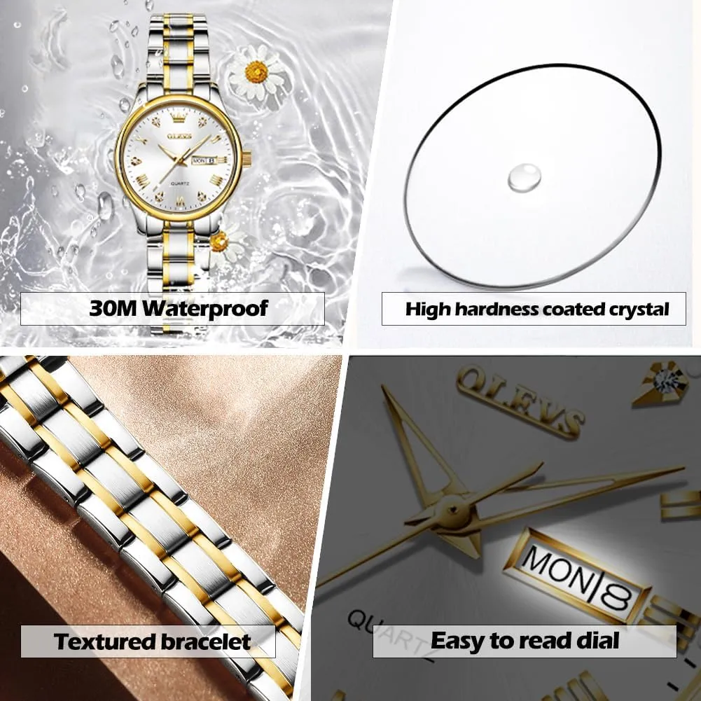 OLEVS Gold Watches for Women Classic Stainless Steel Waterproof Womens Wrist Watch Small Face Ladies Watches with Day Date Analog Quartz Dress Women's Watch Casual Gold Silver Black Dial Female Watch