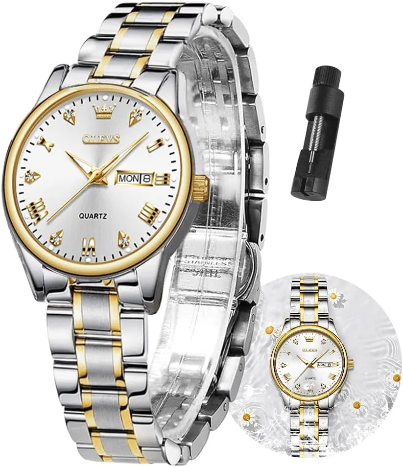 OLEVS Gold Watches for Women Classic Stainless Steel Waterproof Womens Wrist Watch Small Face Ladies Watches with Day Date Analog Quartz Dress Women's Watch Casual Gold Silver Black Dial Female Watch
