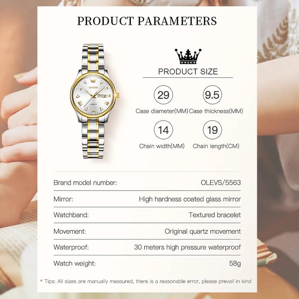 OLEVS Gold Watches for Women Classic Stainless Steel Waterproof Womens Wrist Watch Small Face Ladies Watches with Day Date Analog Quartz Dress Women's Watch Casual Gold Silver Black Dial Female Watch