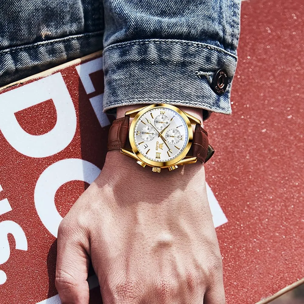 OLEVS Watch for Men Chronograph Brown Leather Gold Case Analog Quartz Fashion Business Dress Large Face Men Watch Day Date Luminous Waterproof Casual Male Wrist Watch Black/Blue/White Dial