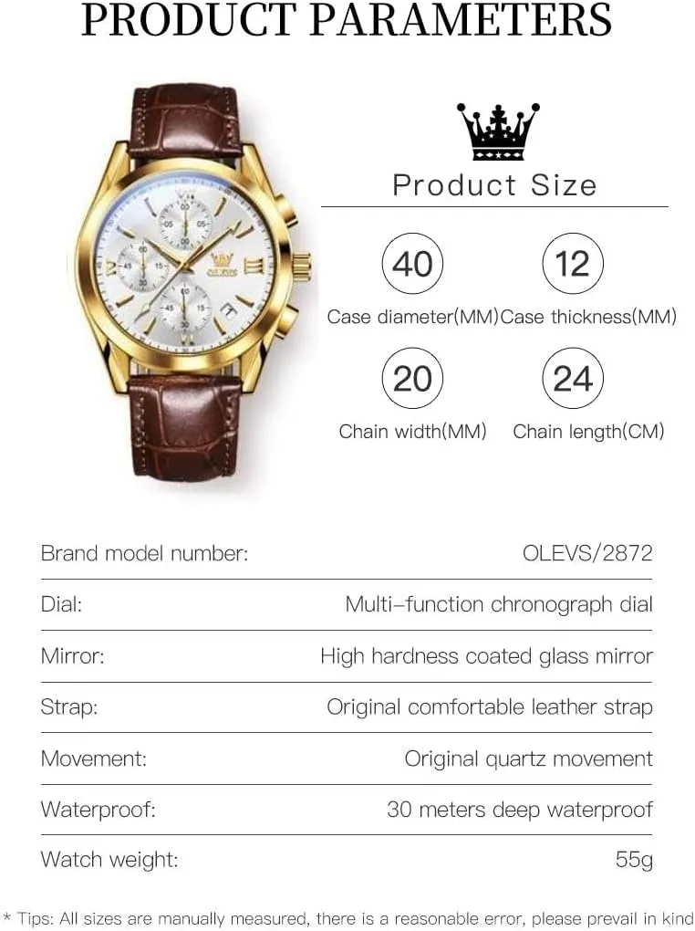 OLEVS Watch for Men Chronograph Brown Leather Gold Case Analog Quartz Fashion Business Dress Large Face Men Watch Day Date Luminous Waterproof Casual Male Wrist Watch Black/Blue/White Dial