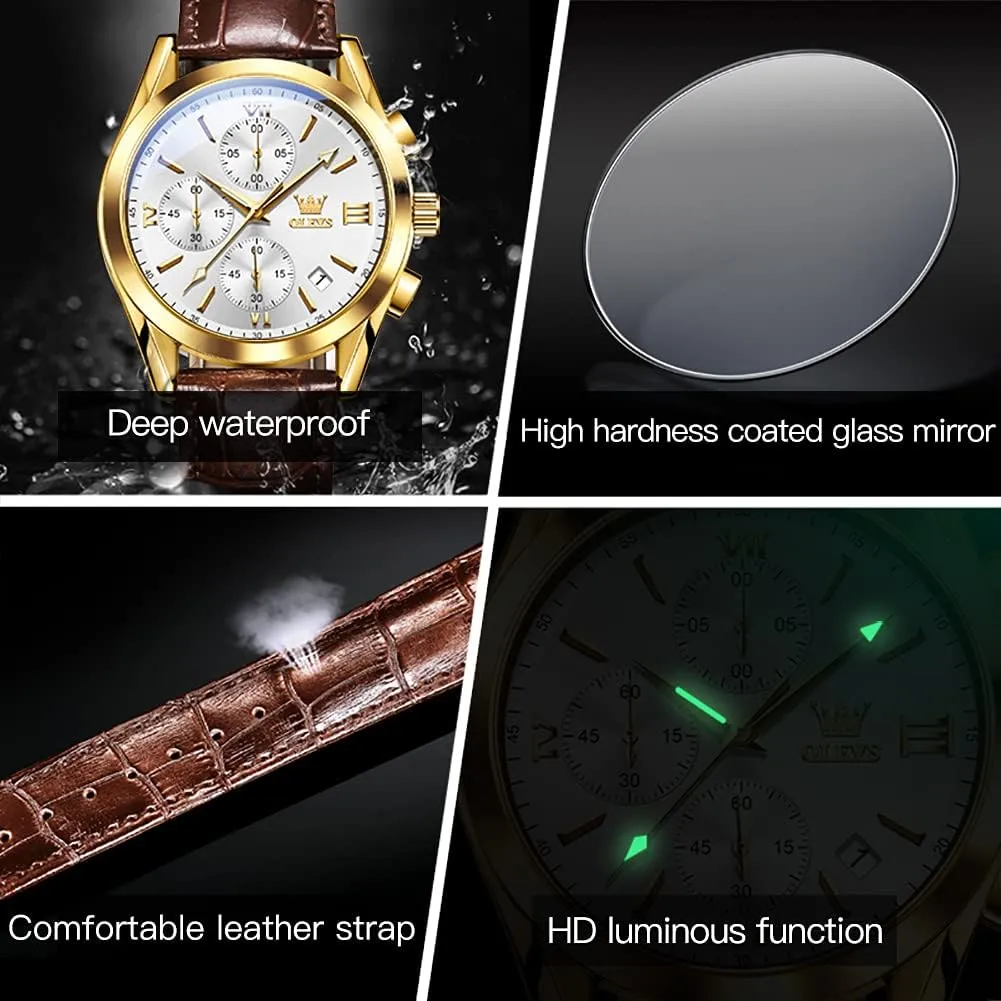 OLEVS Watch for Men Chronograph Brown Leather Gold Case Analog Quartz Fashion Business Dress Large Face Men Watch Day Date Luminous Waterproof Casual Male Wrist Watch Black/Blue/White Dial