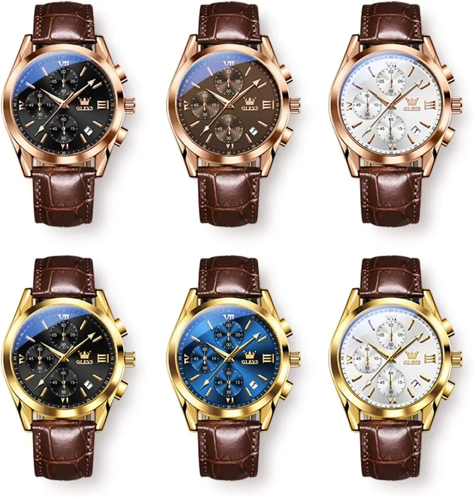 OLEVS Watch for Men Chronograph Brown Leather Gold Case Analog Quartz Fashion Business Dress Large Face Men Watch Day Date Luminous Waterproof Casual Male Wrist Watch Black/Blue/White Dial