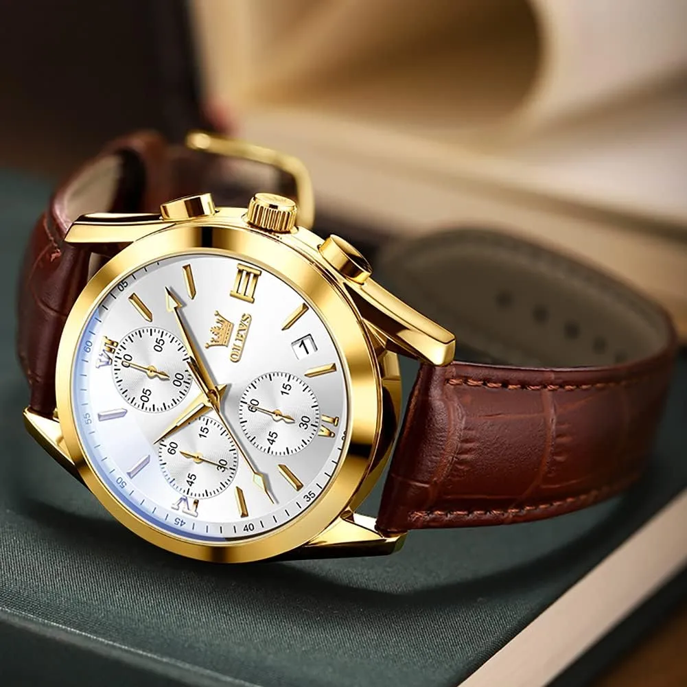 OLEVS Watch for Men Chronograph Brown Leather Gold Case Analog Quartz Fashion Business Dress Large Face Men Watch Day Date Luminous Waterproof Casual Male Wrist Watch Black/Blue/White Dial
