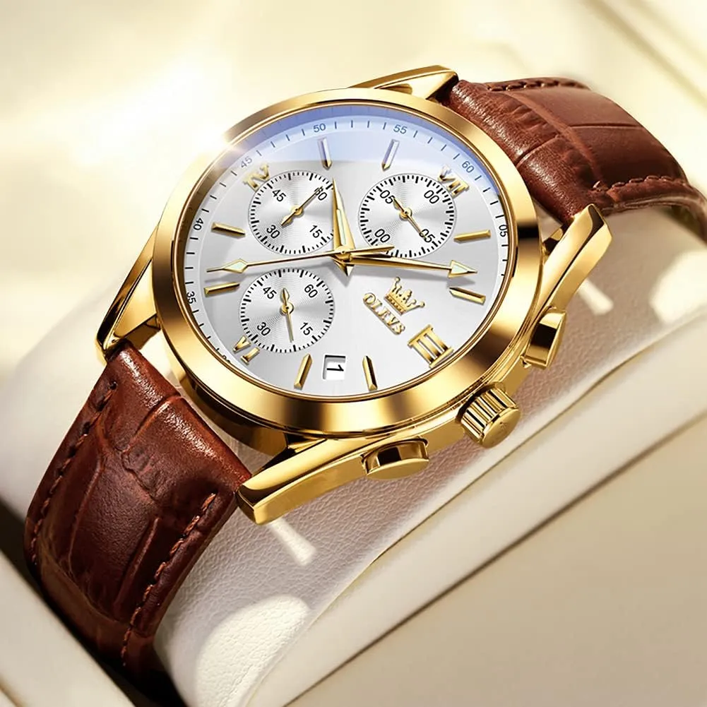 OLEVS Watch for Men Chronograph Brown Leather Gold Case Analog Quartz Fashion Business Dress Large Face Men Watch Day Date Luminous Waterproof Casual Male Wrist Watch Black/Blue/White Dial