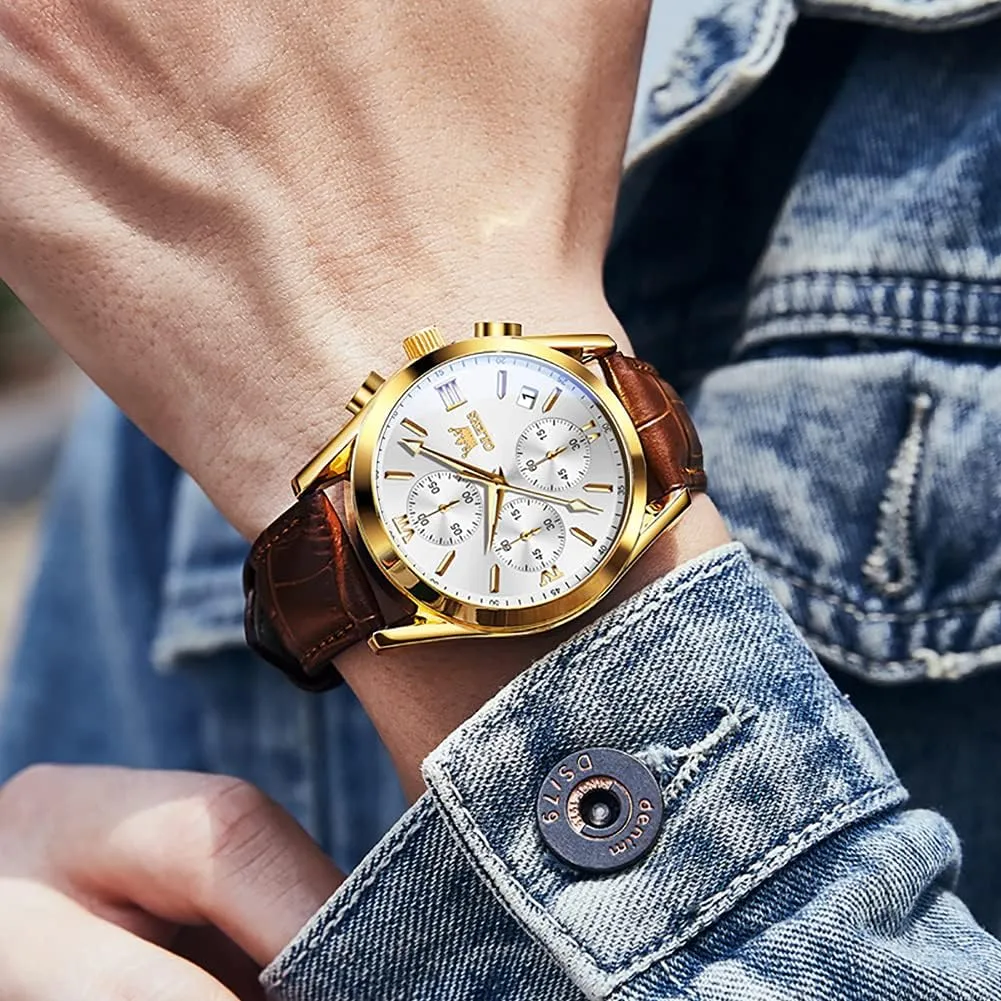 OLEVS Watch for Men Chronograph Brown Leather Gold Case Analog Quartz Fashion Business Dress Large Face Men Watch Day Date Luminous Waterproof Casual Male Wrist Watch Black/Blue/White Dial