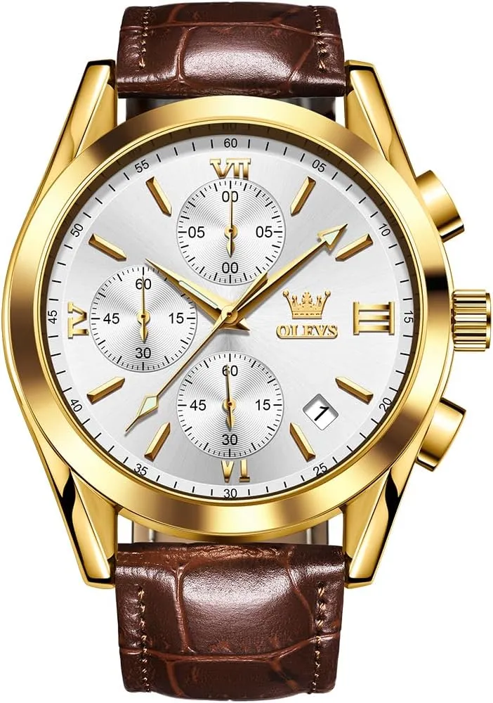 OLEVS Watch for Men Chronograph Brown Leather Gold Case Analog Quartz Fashion Business Dress Large Face Men Watch Day Date Luminous Waterproof Casual Male Wrist Watch Black/Blue/White Dial