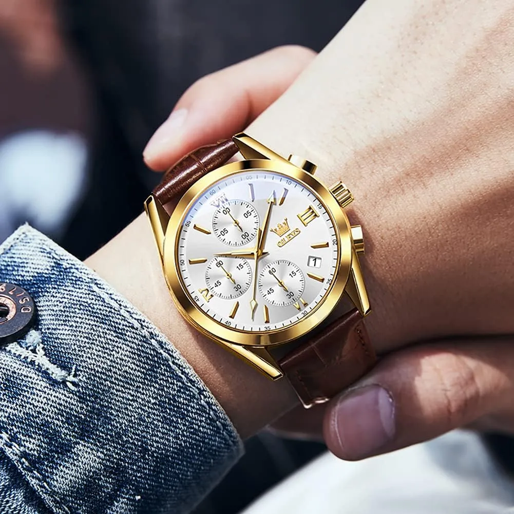 OLEVS Watch for Men Chronograph Brown Leather Gold Case Analog Quartz Fashion Business Dress Large Face Men Watch Day Date Luminous Waterproof Casual Male Wrist Watch Black/Blue/White Dial