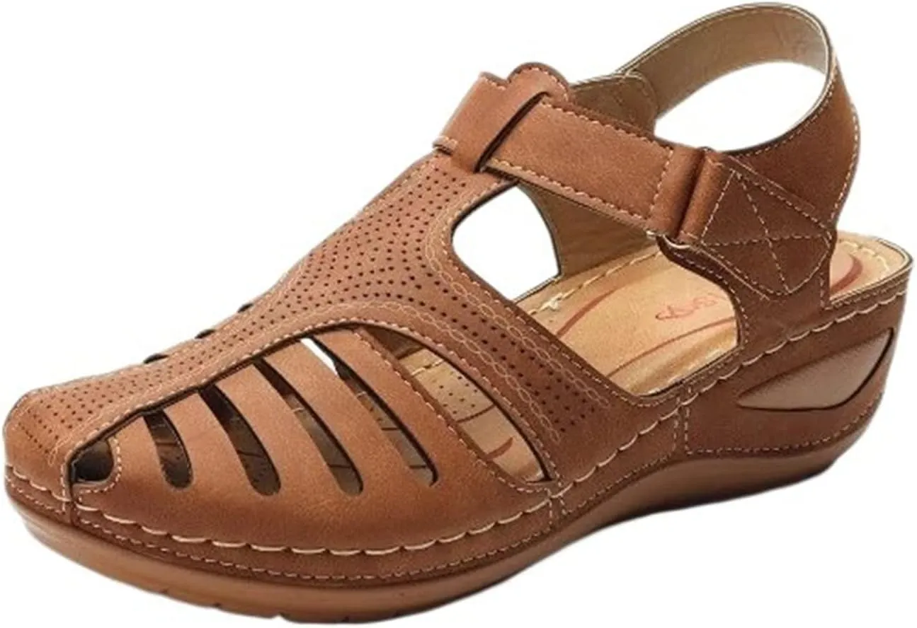 Orthopedic Sandals for Women with Arch Support Summer Ankle Strap Non-Slip Hollow Out Wedge Sandal Comfortable Closed Toe Sandals Casual Bohemia Gladiator Outdoor Wedges Slip On Walking Shoes