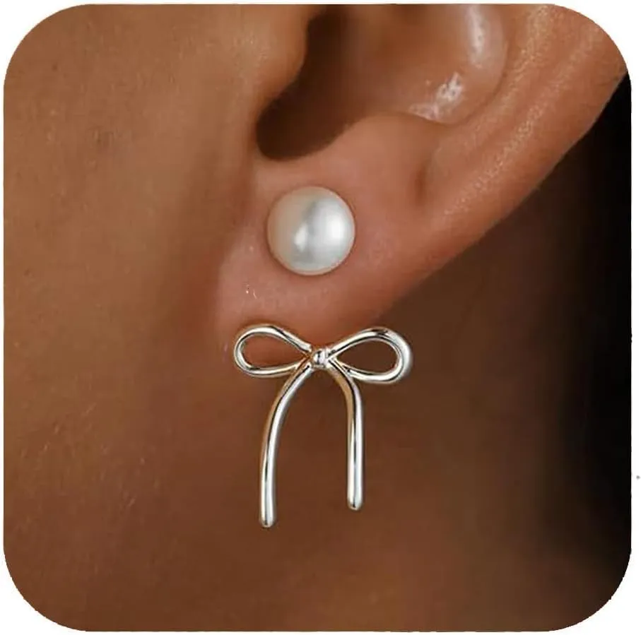 Pearl Bow Earrings for Women Gold Bow Earrings Simple Bow Earring Birthday Holidays Hypoallergenic Jewelry