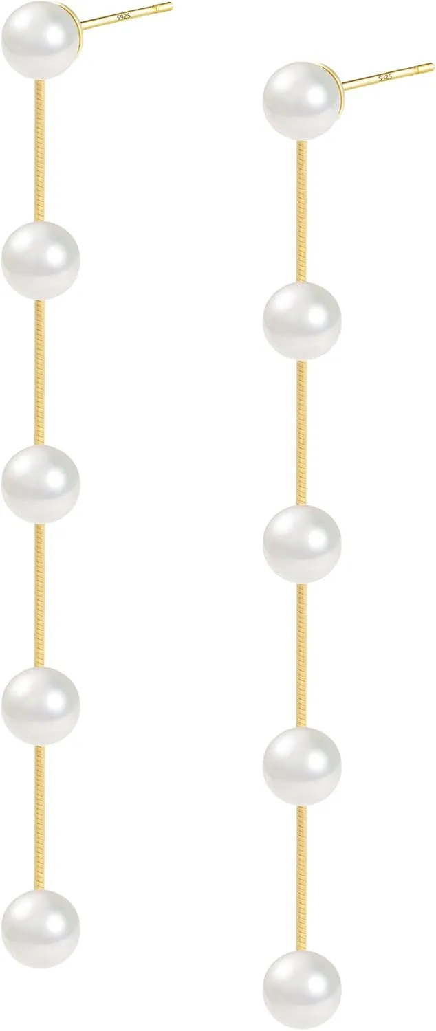 Pearl Dangle Earrings Silver for Women, 14K Gold Vintage dangling white Earrings925 Sterling Silver Boho Long Tassel Pearl Earrings for Bridal Wedding Birthday