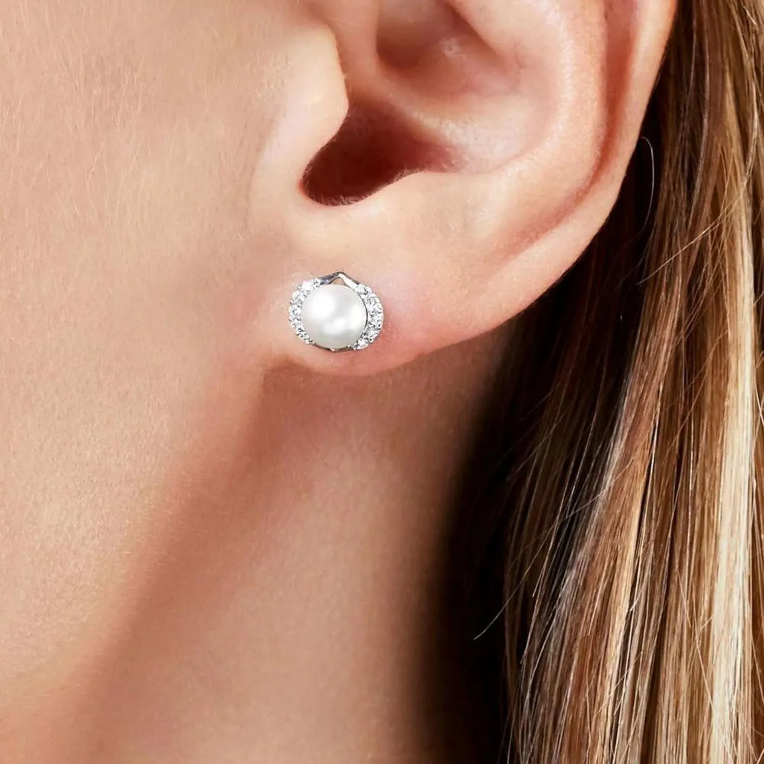 Pearl Diamond (0.20ct) Stud Earrings, 14K White Gold Round Pearl (2.37ct) Stud, Floral Diamond Earring, Bridesmaid Jewelry, Birthday Gift.