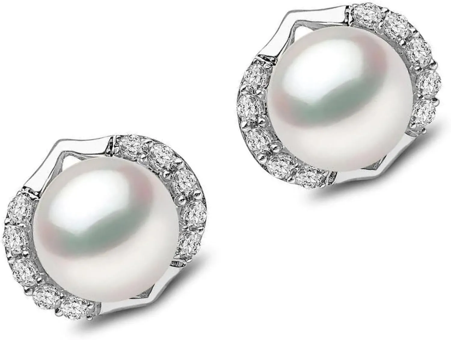 Pearl Diamond (0.20ct) Stud Earrings, 14K White Gold Round Pearl (2.37ct) Stud, Floral Diamond Earring, Bridesmaid Jewelry, Birthday Gift.