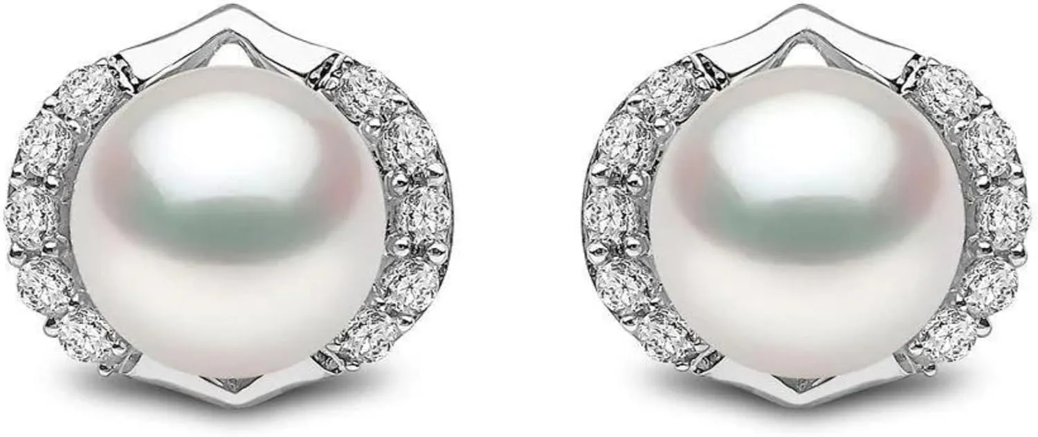 Pearl Diamond (0.20ct) Stud Earrings, 14K White Gold Round Pearl (2.37ct) Stud, Floral Diamond Earring, Bridesmaid Jewelry, Birthday Gift.