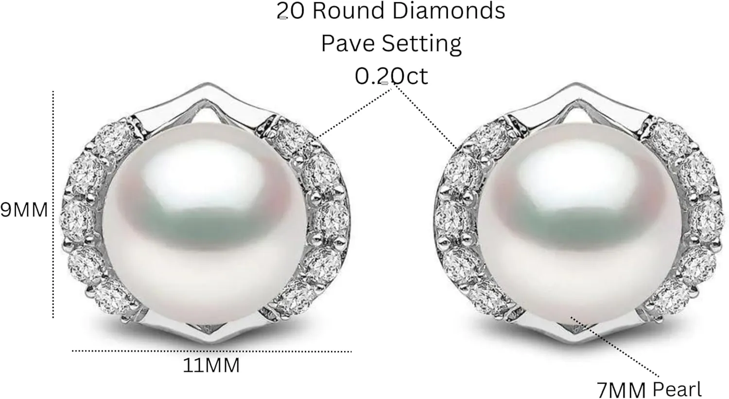 Pearl Diamond (0.20ct) Stud Earrings, 14K White Gold Round Pearl (2.37ct) Stud, Floral Diamond Earring, Bridesmaid Jewelry, Birthday Gift.