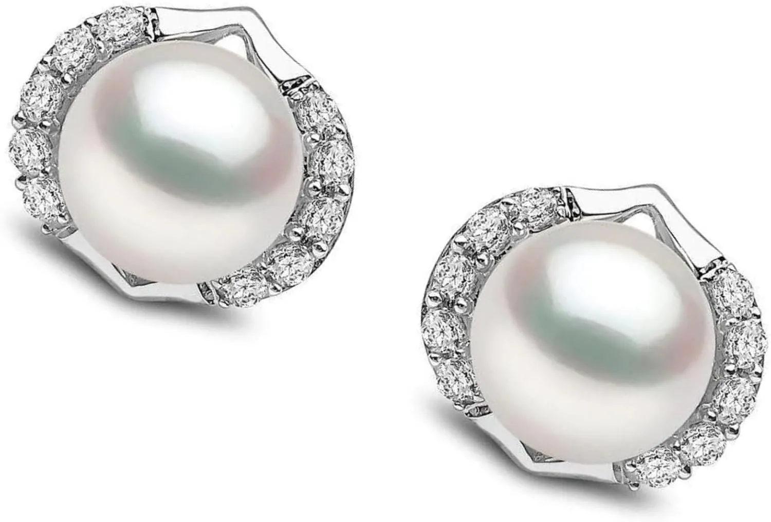 Pearl Diamond (0.20ct) Stud Earrings, 14K White Gold Round Pearl (2.37ct) Stud, Floral Diamond Earring, Bridesmaid Jewelry, Birthday Gift.