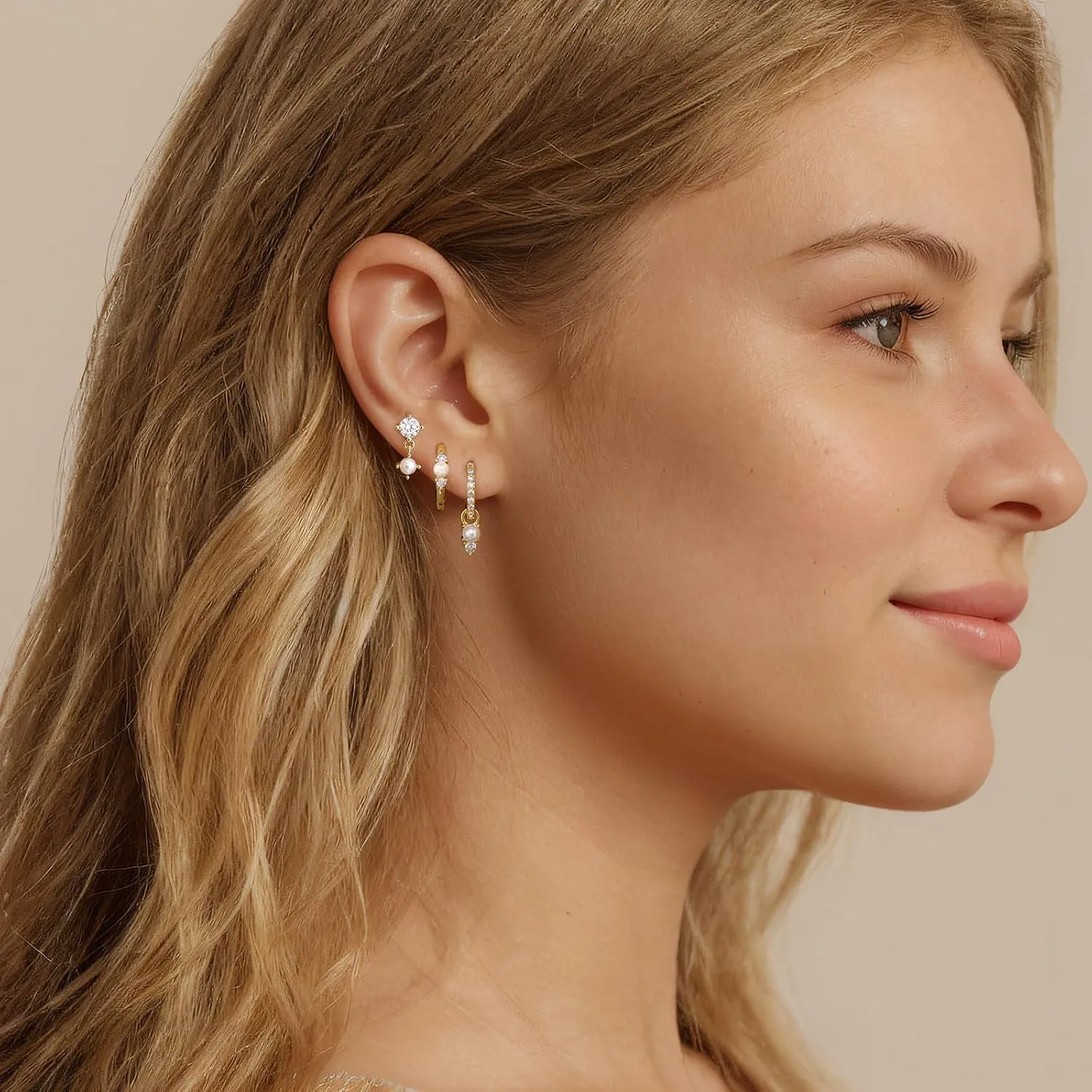 Pearl Drop Earrings For Women,14k Gold Plated Pearl Hoop Earrings Set,Cubic Zirconia Pearl Earrings Studs,Pearl Earrings For Women Dangling