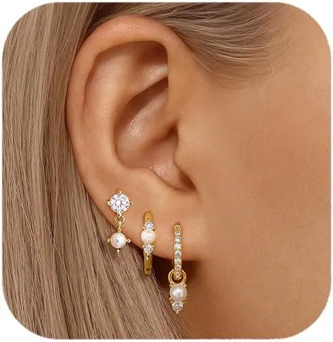 Pearl Drop Earrings For Women,14k Gold Plated Pearl Hoop Earrings Set,Cubic Zirconia Pearl Earrings Studs,Pearl Earrings For Women Dangling