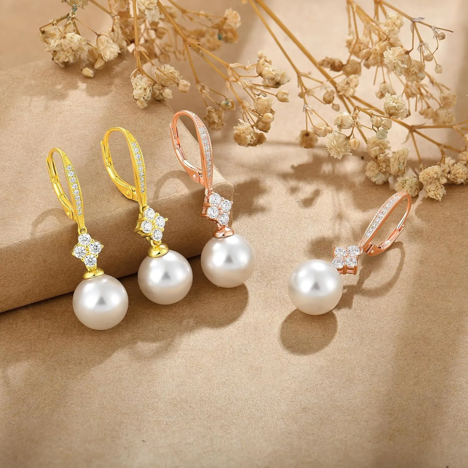 Pearl Earrings for Women 925 Sterling Silver Dainty Dangle Drop Leverback Earrings whit 5A Cubic Zirconia Pearl Jewelry Anniversary Mother's Day Birthday Christmas Gifts for Women Girls