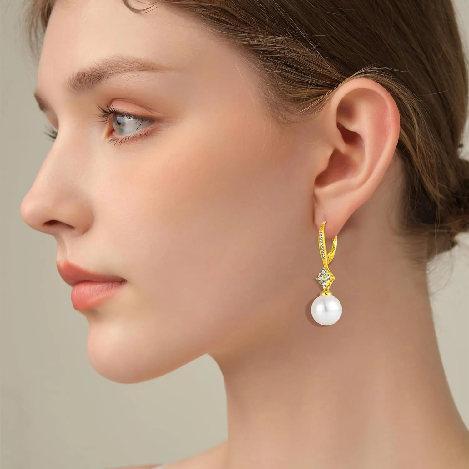 Pearl Earrings for Women 925 Sterling Silver Dainty Dangle Drop Leverback Earrings whit 5A Cubic Zirconia Pearl Jewelry Anniversary Mother's Day Birthday Christmas Gifts for Women Girls
