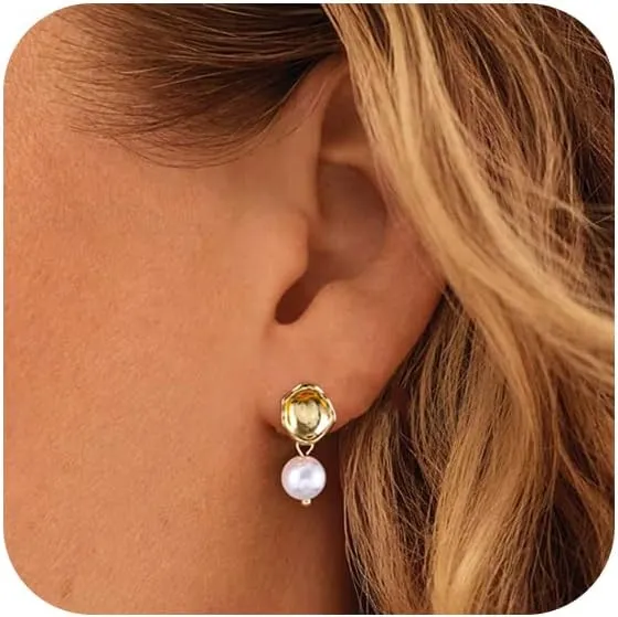 Pearl Earrings for Women, Dainty Gold Earrings 14K Gold Plated Pearl Drop Earrings Cute Pearl Hoop Earrings Hypoallergenic Dangle Pearl Earrings for Women Trendy Wedding Earrings for Brides