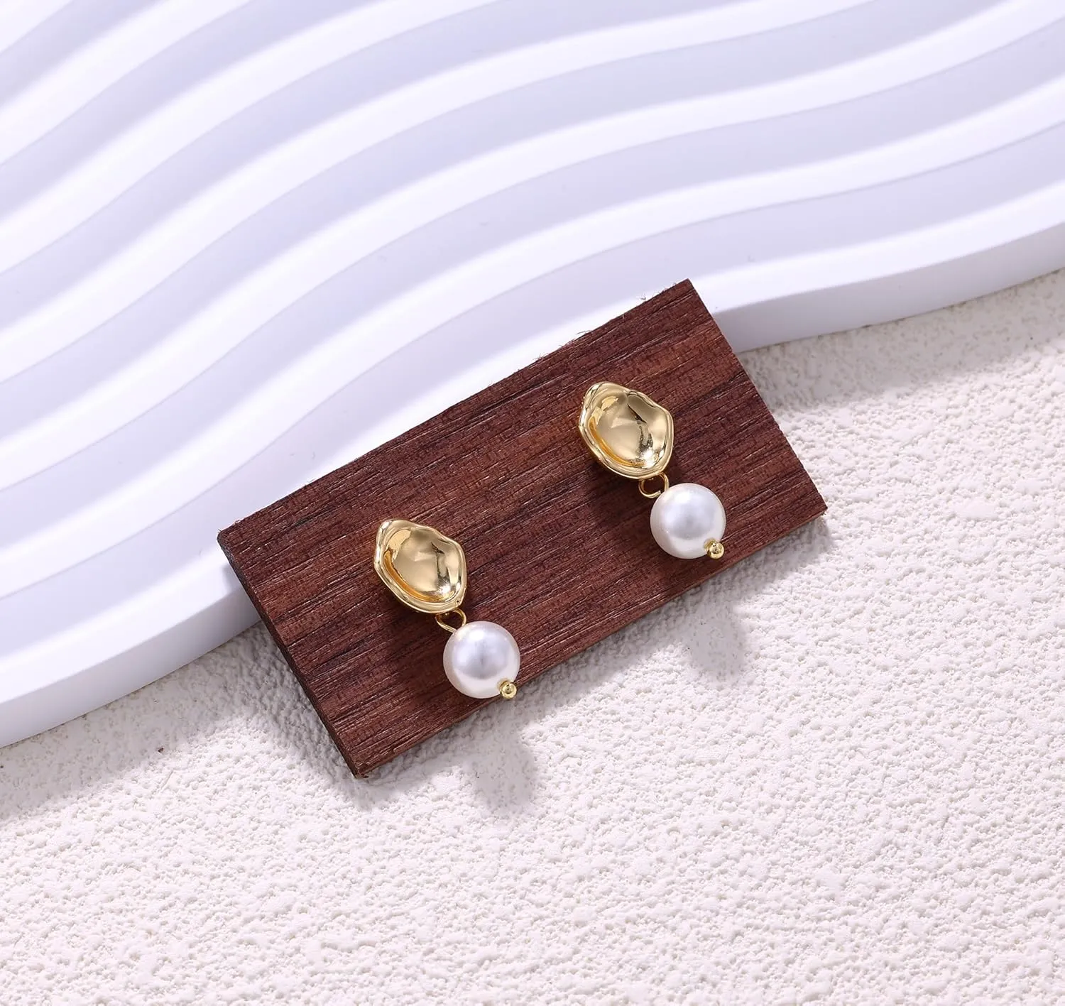 Pearl Earrings for Women, Dainty Gold Earrings 14K Gold Plated Pearl Drop Earrings Cute Pearl Hoop Earrings Hypoallergenic Dangle Pearl Earrings for Women Trendy Wedding Earrings for Brides