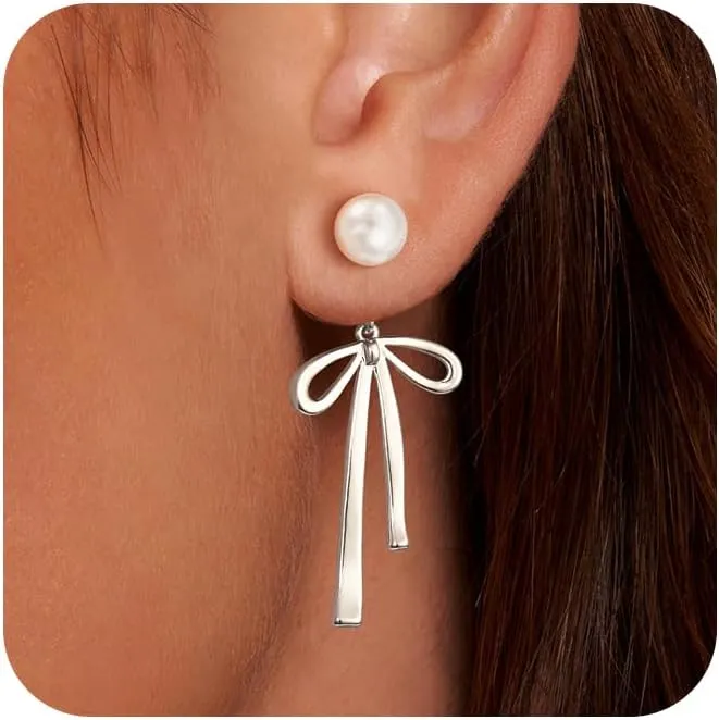 Pearl Earrings for Women Gold Hoop Earrings for Women Trendy 14K Gold Plated/Silver Bow Pearl Huggie Earring Hoops Twist Rope Bow Stud Pearl Dangle Cubic Zirconia Earrings Jewelry Gifts for Women