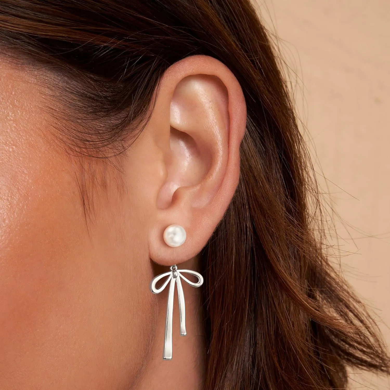 Pearl Earrings for Women Gold Hoop Earrings for Women Trendy 14K Gold Plated/Silver Bow Pearl Huggie Earring Hoops Twist Rope Bow Stud Pearl Dangle Cubic Zirconia Earrings Jewelry Gifts for Women