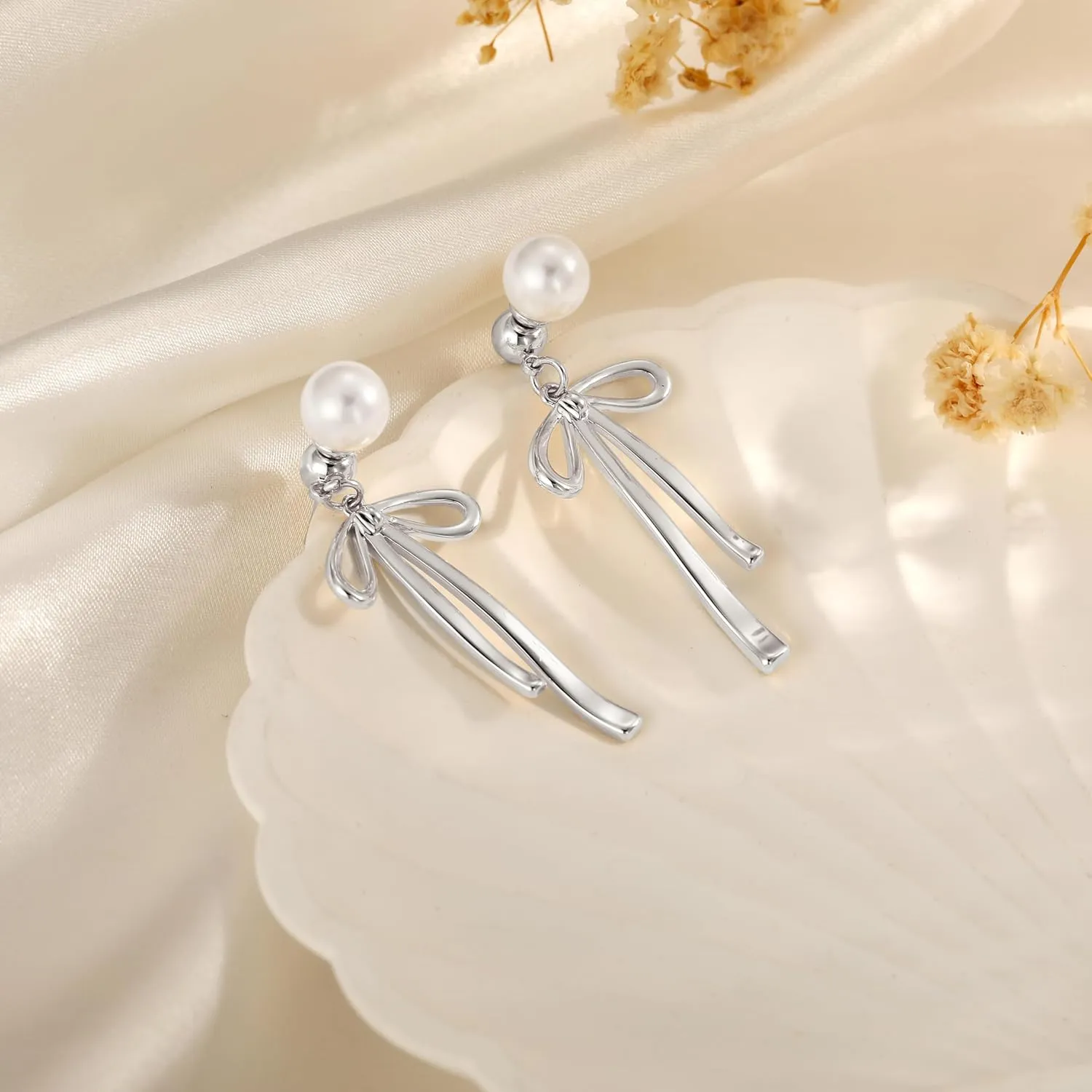 Pearl Earrings for Women Gold Hoop Earrings for Women Trendy 14K Gold Plated/Silver Bow Pearl Huggie Earring Hoops Twist Rope Bow Stud Pearl Dangle Cubic Zirconia Earrings Jewelry Gifts for Women