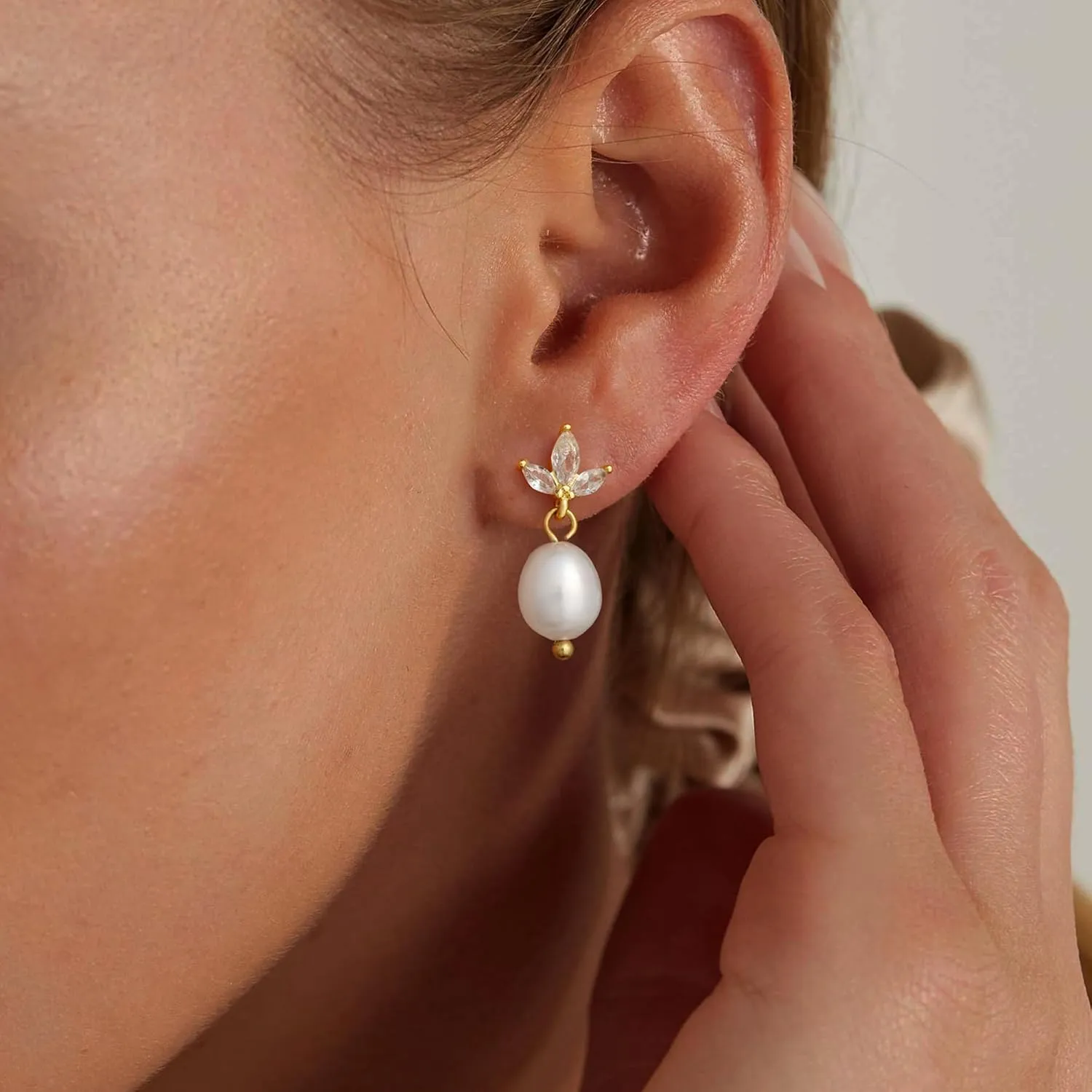 Pearl Earrings for Women, Trendy 14k Gold Pearl Dangle Drop Hoop Huggies Earrings Cubic Zirconia | Irregular | Knot Pearl Studs Hypoallergenic Lightweight Wedding Gold Earrings Jewelry Gift
