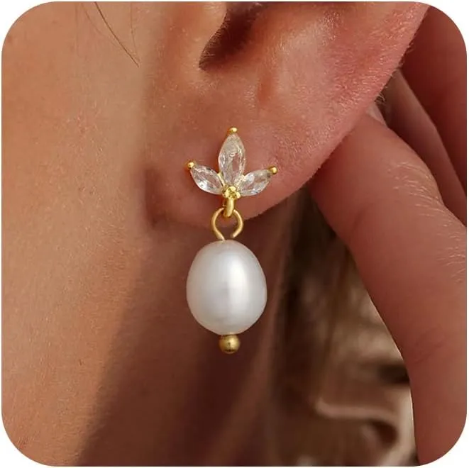Pearl Earrings for Women, Trendy 14k Gold Pearl Dangle Drop Hoop Huggies Earrings Cubic Zirconia | Irregular | Knot Pearl Studs Hypoallergenic Lightweight Wedding Gold Earrings Jewelry Gift