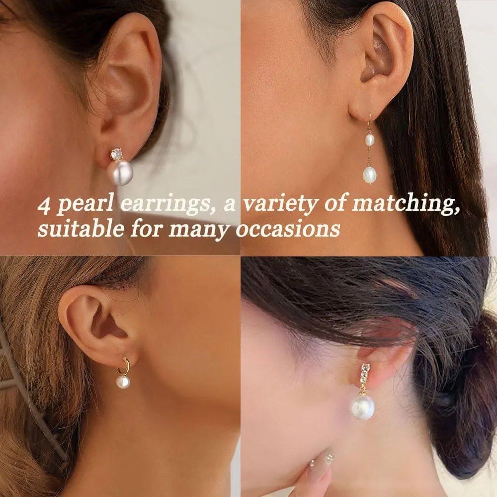 Pearl Earrings Set 14K Gold Plated Hypoallergenic Freshwater Long Pearl Drop Dangle Earrings 8mm 10mm Fake Pearls Studs for Women Gift Wedding Earrings for Brides Bridesmaid