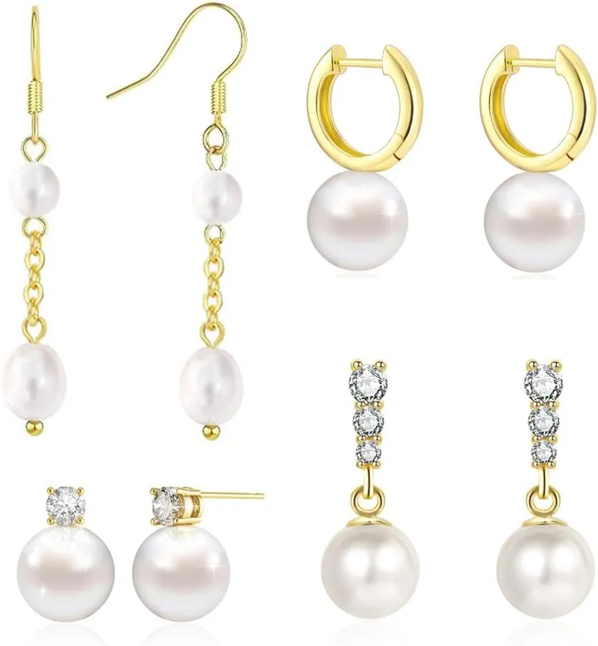 Pearl Earrings Set 14K Gold Plated Hypoallergenic Freshwater Long Pearl Drop Dangle Earrings 8mm 10mm Fake Pearls Studs for Women Gift Wedding Earrings for Brides Bridesmaid