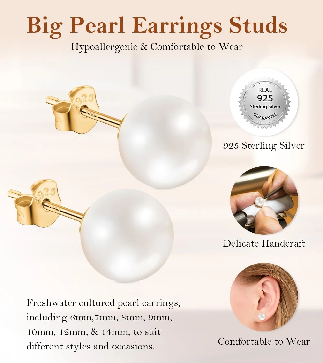 Pearl Stud Earrings for Women, Handpicked Freshwater Pearl Hypoallergenic Gold Vermail Sterling Silver Earring Studs