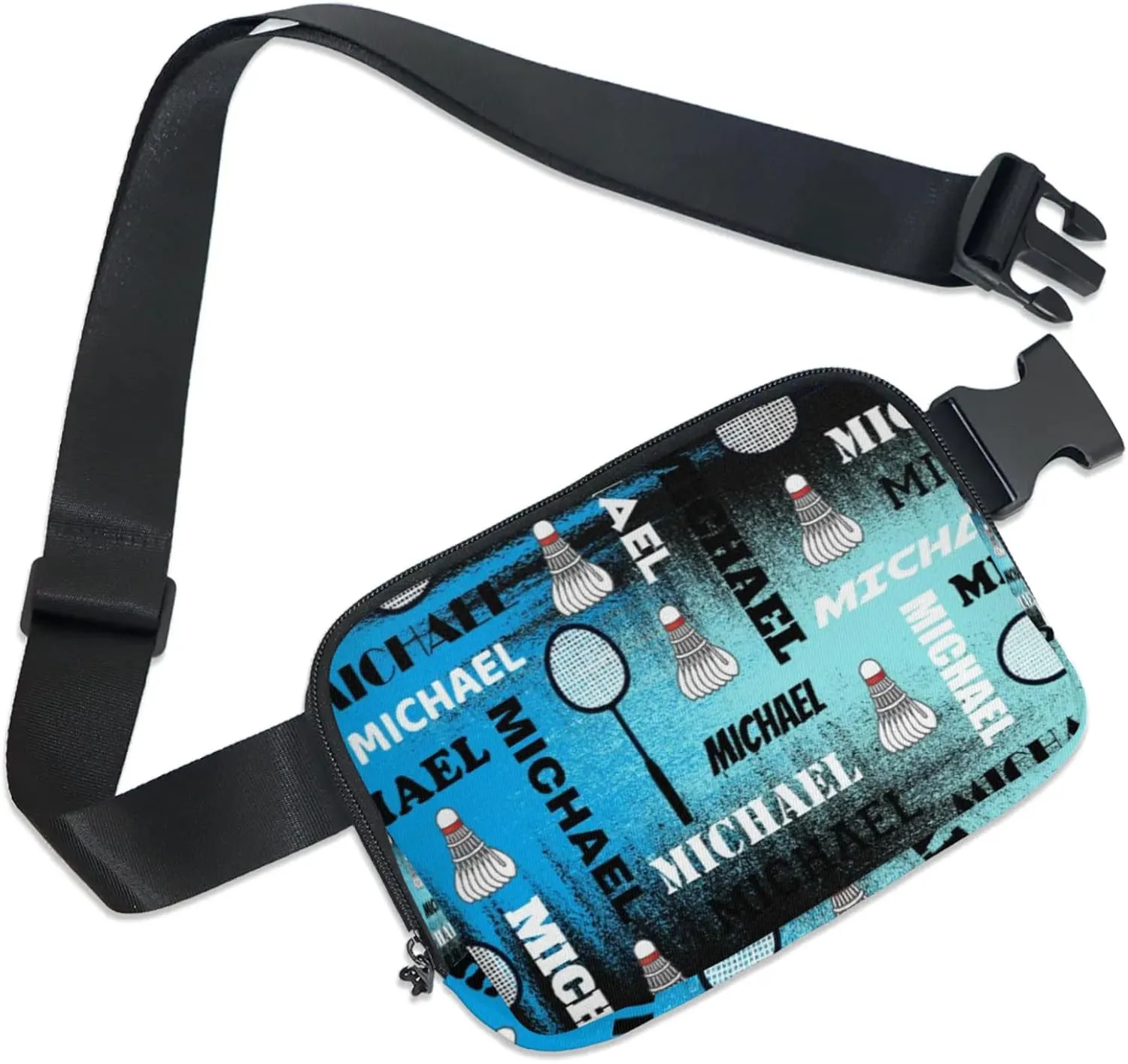 Personalized Badminton Fanny Pack for Women Men, Custom Name Waist Packs Crossbody Belt Bag with Adjustable Strap for Sports Travel Workout Running Hiking, Blue