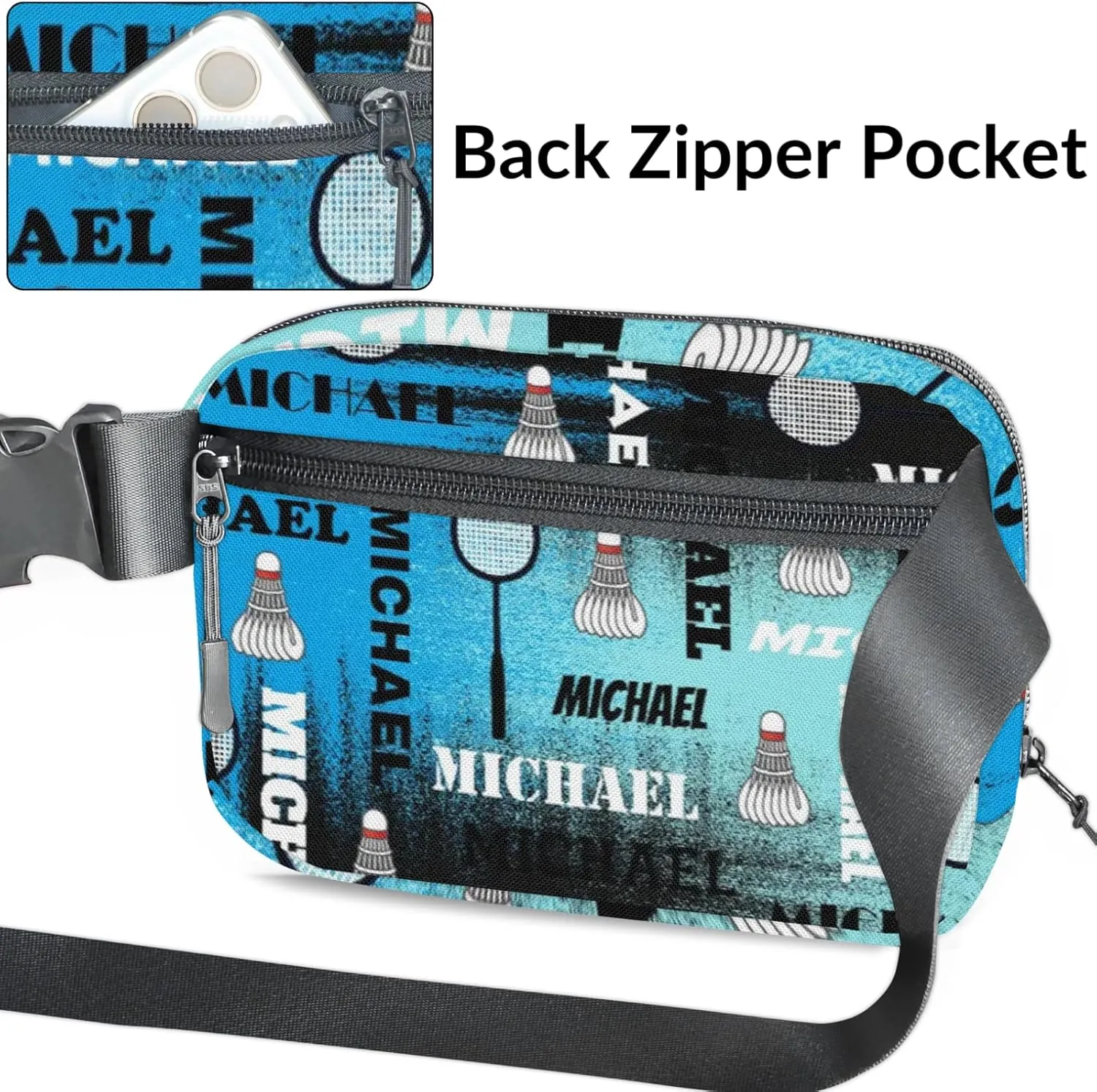 Personalized Badminton Fanny Pack for Women Men, Custom Name Waist Packs Crossbody Belt Bag with Adjustable Strap for Sports Travel Workout Running Hiking, Blue
