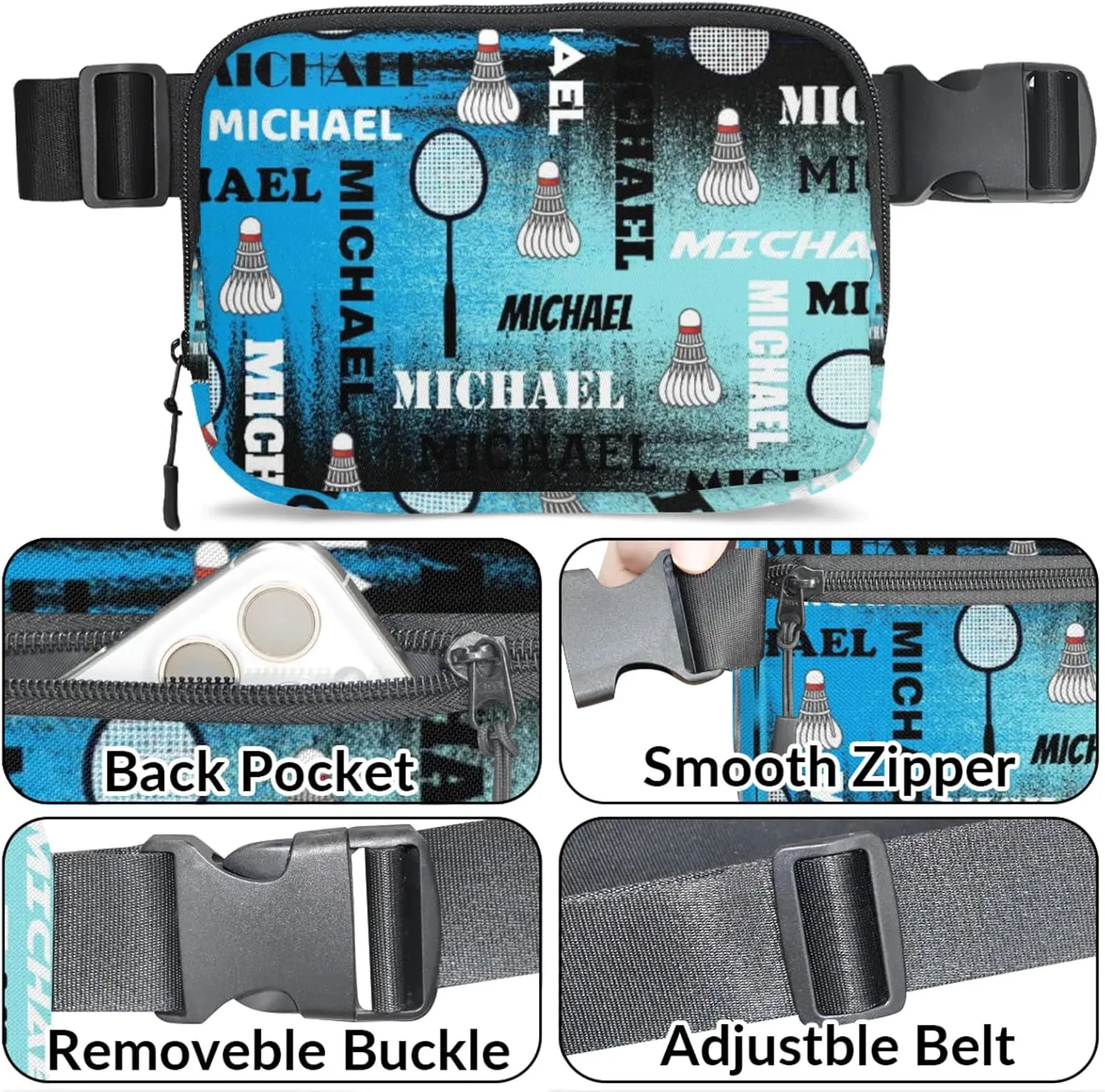 Personalized Badminton Fanny Pack for Women Men, Custom Name Waist Packs Crossbody Belt Bag with Adjustable Strap for Sports Travel Workout Running Hiking, Blue