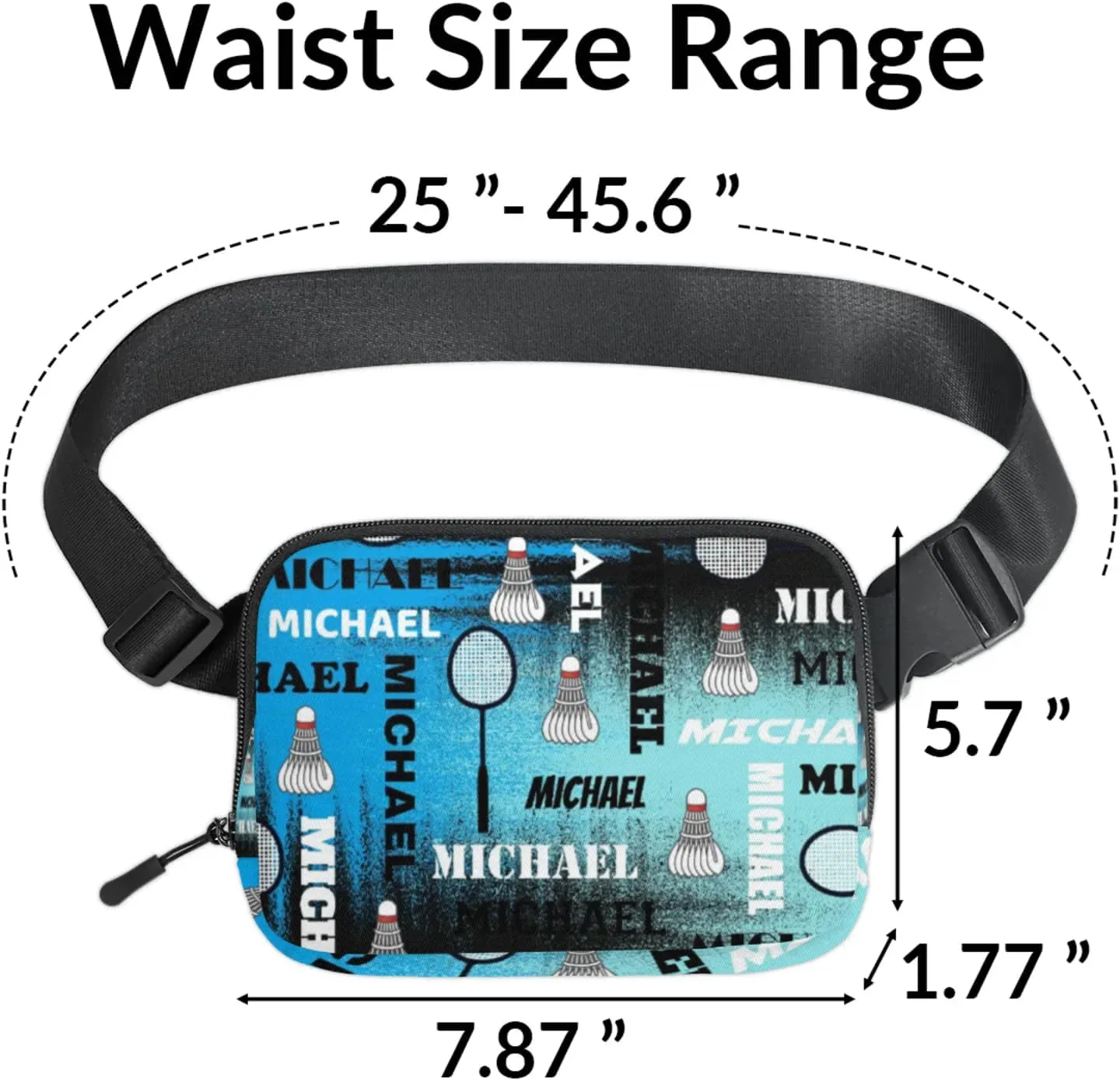 Personalized Badminton Fanny Pack for Women Men, Custom Name Waist Packs Crossbody Belt Bag with Adjustable Strap for Sports Travel Workout Running Hiking, Blue