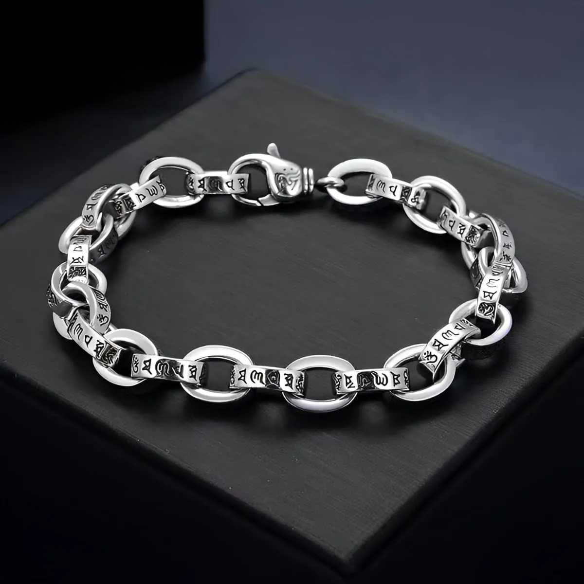 Personalized Couple Sterling Silver Bracelet,Six Word Mantra for Good Luck Bangle Bracelets(With Jewelry Box) Real S925 Classic Carving Arm Cuff Bangle Handmade